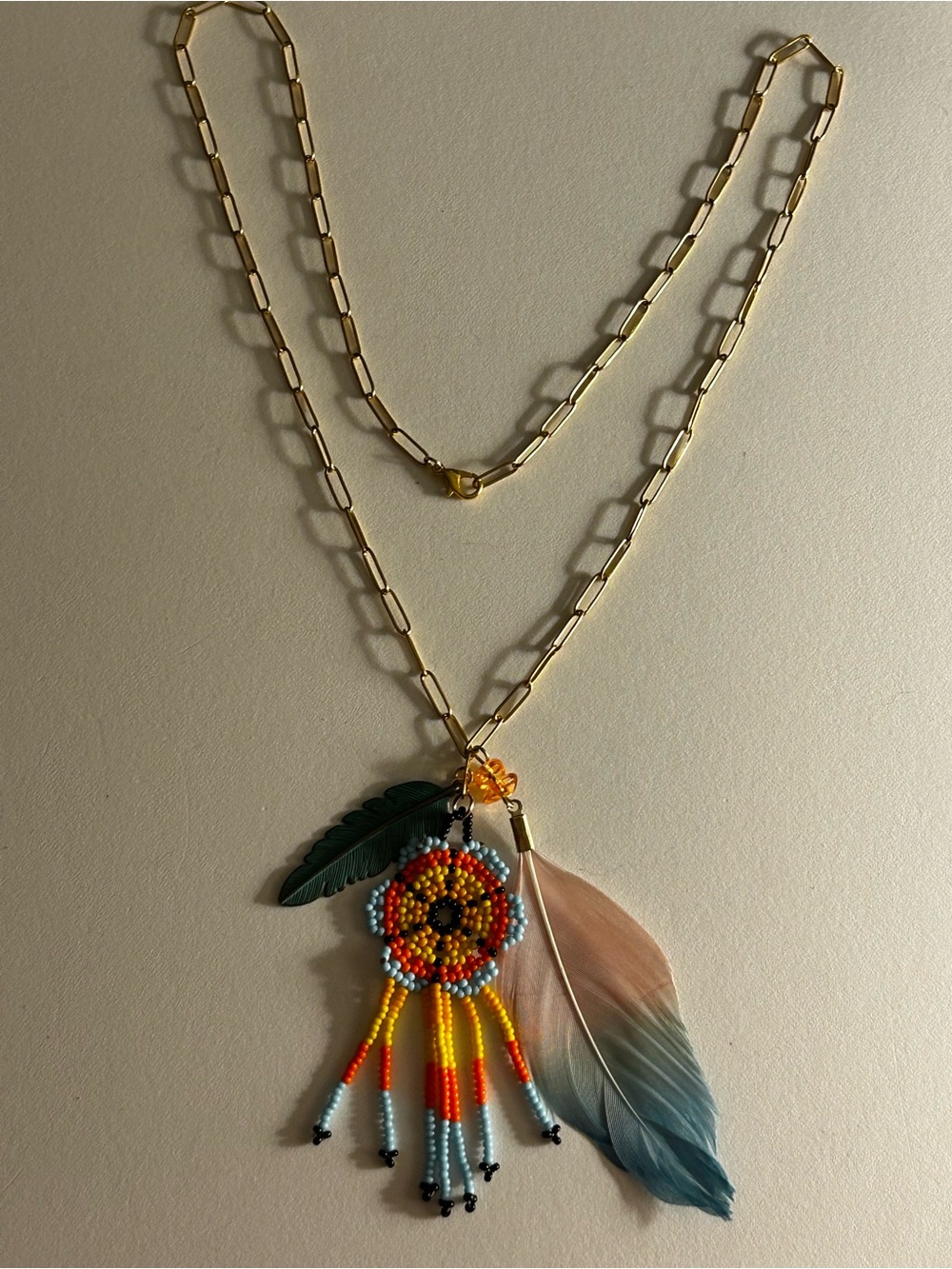 NWOT Necklace Huichol blue orange yellow artisan beaded fringe disk feathers